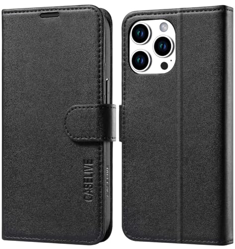CASELIVE Wallet Case for iPhone 15 Pro Max, Genuine Leather Case with [Card Holder] [Screen Protector] [RFID Blocking][Shockproof TPU Inner Shell] Folio Cover for iPhone 15 Pro Max 6.7''(Black)