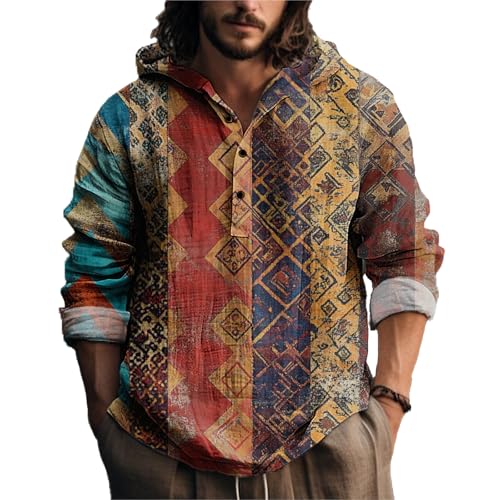 MARSVOVO Vintage Ethnic Men's Lightweight Hoodie Long Sleeve 3 Button Hooded Shirt Comfy Cool Daily Tops for Spring Fall