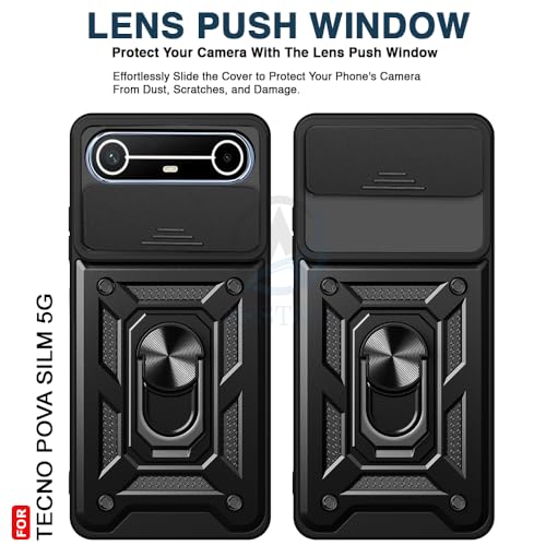 Image of AESTMO Tough Armor Tecno Pova Slim 5G Bumper Back Case Cover | Ring Holder & Sliding Camera Shield Cover | 360 Degree Protection Back Case Cover for Tecno Pova Slim 5G (Black)