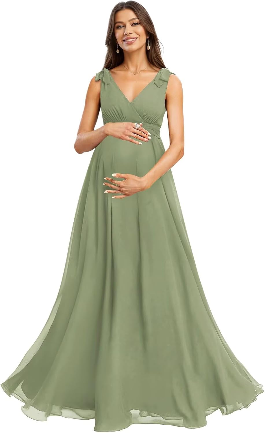 V Neck Chiffon Maternity Dress for Photoshoot A-Line Spaghetti Straps Pleated Backless Bow Baby Shower Dress