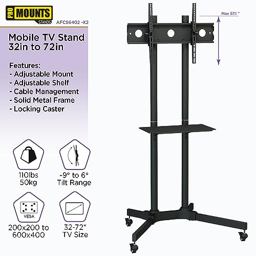 Promounts Modern Mobile Tv Stand For 32-72Inch Lcd Led Flat/Curved Panel Screen Tvs, Tilt Tv Cart Holds Up To 110Lbs, Portable Tv Stand With Laptop Shelf Rolling Floor Tv Stand Max Vesa 600X400Mm #TOP2