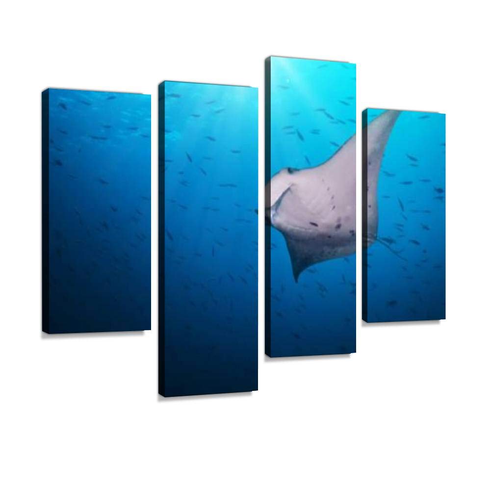 Beautiful big manta ray in deep blue ocean Canvas Print Artwork Wall Art Pictures Framed Digital Print Abstract Painting Room Home Office Decor Ready to Hang 4 Panel