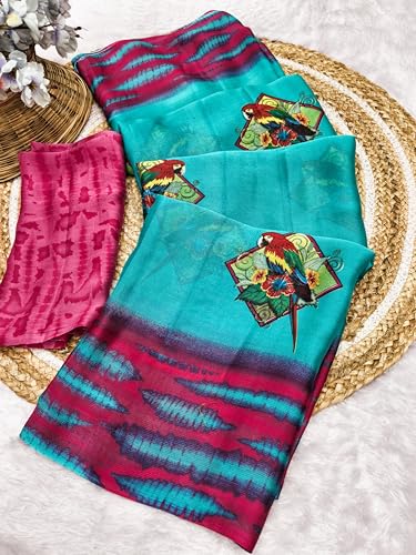 Image of SUPERLAXMI Women's Chiffon Floral Printed Saree with Blouse Piece