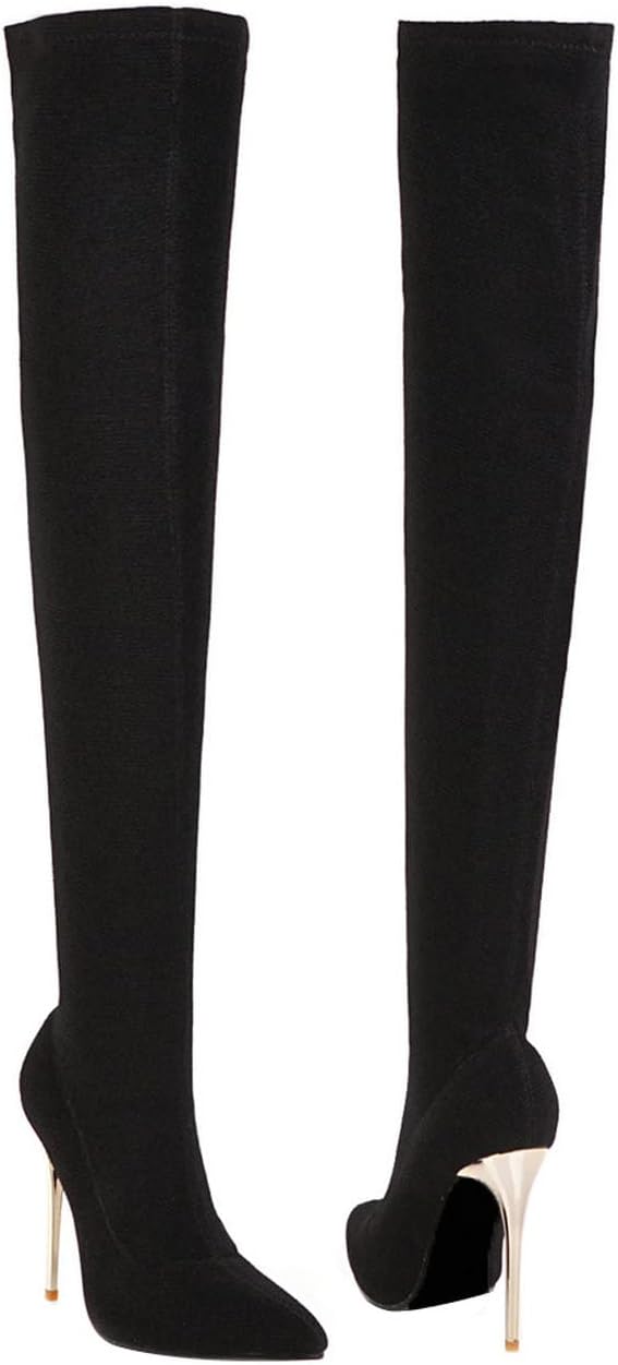 UniqueStride Womens Stretch Thigh High Stiletto Boots Pointed Toe Slip On Over the Knee Boots