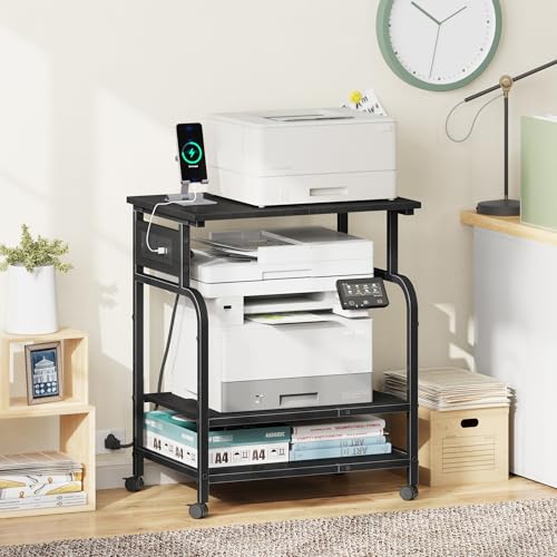 Image of YAOHUOO 3 Tier Large Printer Stand with Power Outlet /Adjustable Shelf