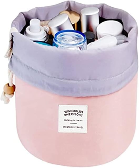Women Travel Make Up Bag,Pouches Cosmetic Bags Girls Barrel Shaped Hanging Toiletry Wash Bags Nylon Drawstring Makeup Organizer Storage Bag + Small Zipper Pocket+PVC Transparent Brush Bag (Pink)
