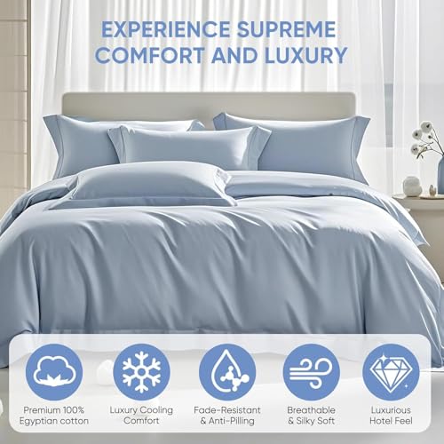 Image of TWK 1200 TC 100% Egyptian Long-Staple Cotton Bedding Sheets Set, Luxury Hotel Style Deep Pocket with Elastic Reinforced Seams Sheet Set, Soft & Comfy Natural Sheets (French Blue, King)
