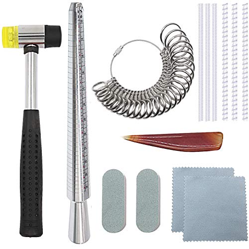 PHYHOO Ring Sizer Mandrel Set Jewelry Making Tools Including Jeweler's Rubber Hammer,Finger Sizer Gauge US Size 0-13,Ring Mandrel,Polishing Cloth,Agate Burnisher