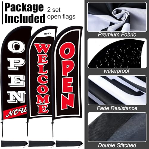 Image of Buryeah 3 Sets Now Open Feather Flag Banner for Business Advertising 7 Feet Tall Grand Opening Feather Flag Sign with Fiberglass Pole Kit Rotating Ground Spike and Portable Bag (Black)