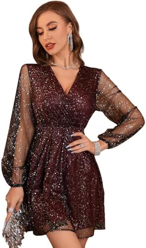 Floerns Women's Lantern Long Sleeve V Neck Mesh Cocktail Party Sh...