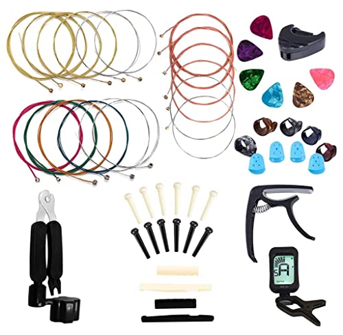 Exrp Guitar Accessories Kit Include Acoustic Guitar Strings Tuner Capo 3-in-1 Restring Tool Picks Pick Holder Bridge Pins Nuts & Saddles Finger Protector Finger Picks