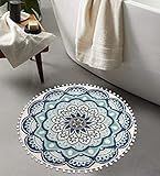 Uphome Small Round Rug 2.3ft Blue Boho Bathroom Rugs with Pom Pom Fringe Non-Slip Washable Mandala...