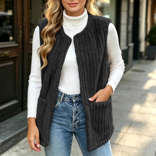 Womens Sherpa Fleece Vest Open Front Longline Pockets Casual Fall Layering - image 2