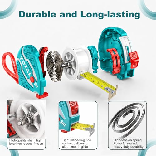 Image of TOTAL 3m x 16mm Steel Heavy Duty Measuring Tape with Double Sided Metric & Inch Scale, 3 Lock Buttons, Matte Anti-Glare Blade, Shockproof Rubber Case with Belt Clip Tape Measure for Construction Use