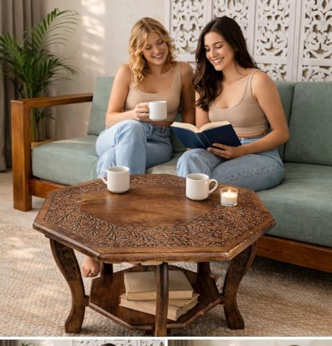 Wooden Octagon Farmhouse Side Table with Carving