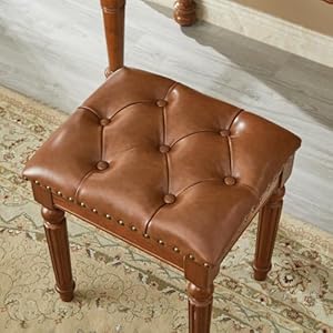 Vanity bench stool with leather cushion vanity chair with solid wood carving legs for bedroom makeup room living room easy assembly brown  urban country home decor