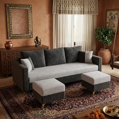 Image of Classiq Rich 5 Seater L Shape Sofa Set with Movable Ottoman | Flexible Layout | Spacious Soft Touch Seating | Designer Sofa for Living Room (Dark Grey & Light Grey)