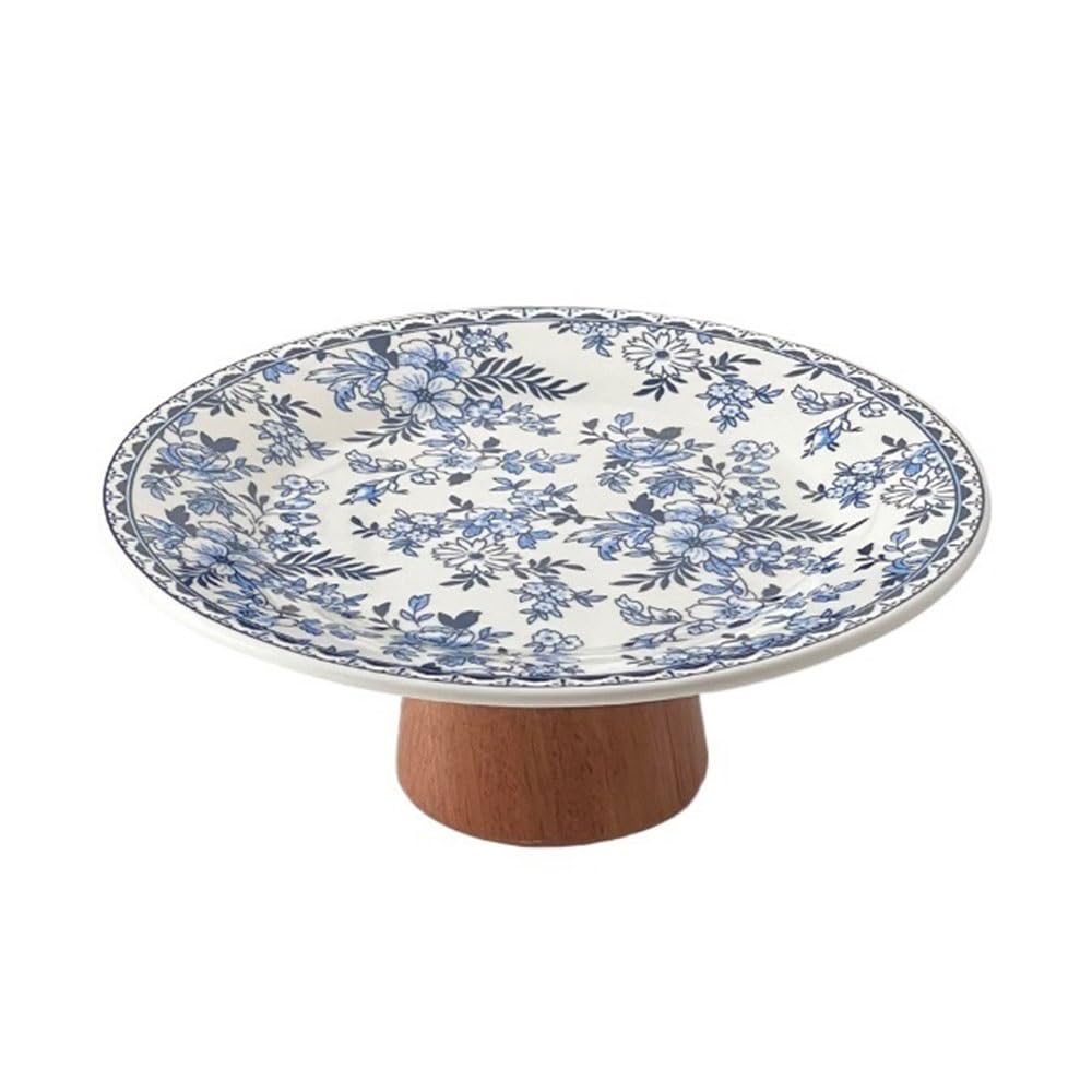 corbeille de fruits Coupe à fruits décorative sur pied en céramique avec base bois, ornée de motifs floraux