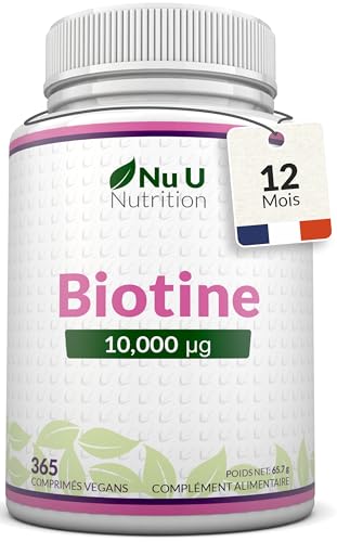 Biotine 10000 µg - 365 Comprimés Végétales - 1 An - Vitamine B8/B7 pour Cheveux Barbe & Peau - Sans Stéarate de Magnésium - Fabriqué en Europe - Nu U Nutrition