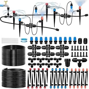 230FT Drip Irrigation System for Garden with 40 Nozzles & Emitters, Garden Watering System with 1/2″ & 1/4″ Tube and Barbed Fittings – Adjustable Sprinklers Kit for Greenhouse, Lawn, Raised Bed