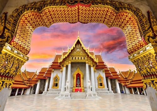 Loccor 7x5ft Fabric Thailand Marble Temple Backdrop for Photography Bangkok Indian Style Marble Temple Thailand Landmark Architecture Background Asian Temple Buddhist Backdrop Photo Studio Props