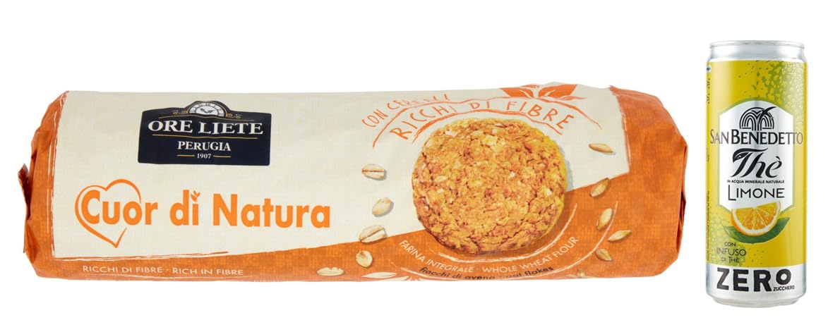 12er-Pack Ore Liete Cuor di Natura Biscotti con Cereali,Kekse mit Getreide,mit Vollkornmehl und ohne Zuckerzusatz,250g + 1er-Pack Kostenlos San Benedetto Eistee mit Zitrone Ohne Zucker 330ml Dose