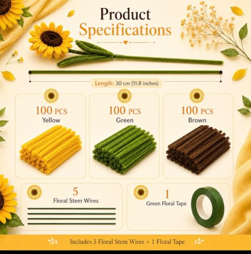 Image of RUHANI 300 Pieces Pipe Cleaner Sunflower Bouquet Kit, Chenille Flower Craft Set