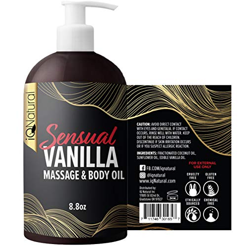 Iq Natural Edible Massage Oil for sensual massage infused with real vanilla, relaxing blend of sunflower oil and fractionated coconut oil - for massage therapy and aromatherapy - 8.8 fl oz