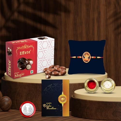 Image of DeoDap Rakhi Gift Set for Brother with 32g Chocolate, Silver Pooja Coin and Greeting Card - Raksha Bandhan Celebration Combo