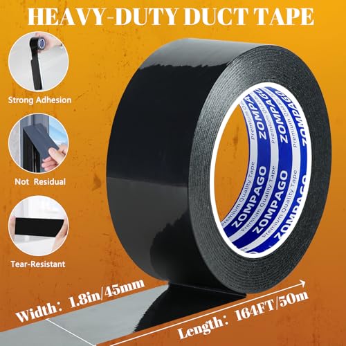 Image of ZOMPAGO Black Duct Tape Heavy Duty, 1.8in x 164FT, Tearable Strong Adhesive Waterproof Seal Tape for Indoor Outdoor Use, Multi Purpose for Packaging, Bundling, Repairs, Carpet Seaming, Crafts