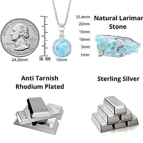 Beaux Bijoux Sterling Silver Blue Larimar Necklace For Women - Natural Larimar Jewelry - Beautiful Blue Larimar Stones - 18 Inch Round Pendant Necklace - Larimar Blue Necklaces For Women #TOP2