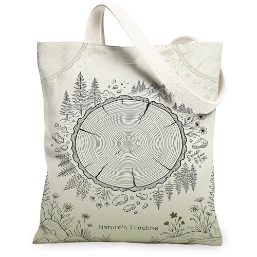 Bolsa de lona con anillo de árbol para mujer, diseño de pinos rústicos y flores, color verde primavera, lavable, reutilizable, ideal para compras, viajes, oficina, biblioteca, casual, 13 x 15 pulgadas