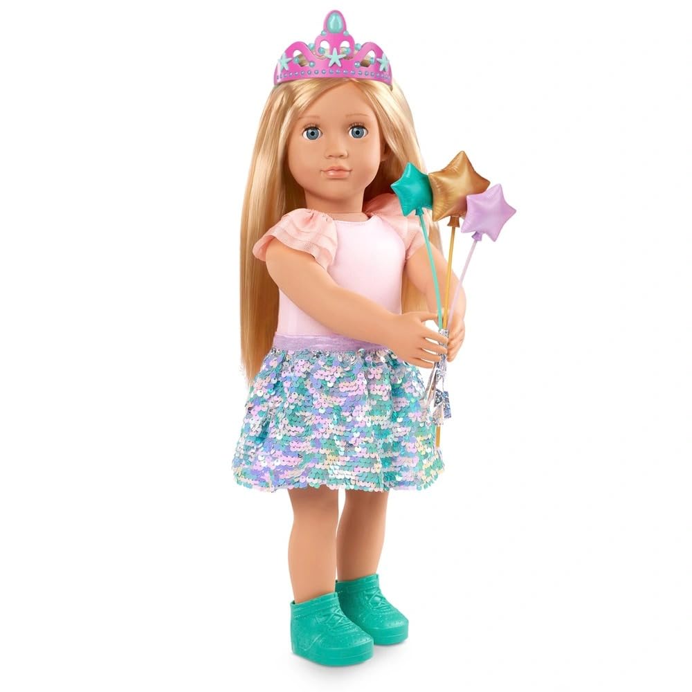 Our G Deluxe Doll Outfit with Sequin Skirt, Pink Top, Turquoise Boots, Princess Crown and Star Wand Accessories