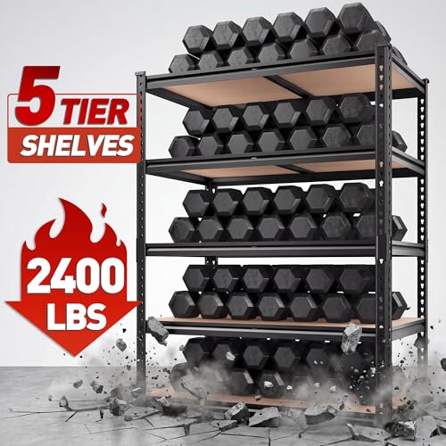 Image of REIBII 2400LBS Storage Shelves 5 Tier Garage Shelving Heavy Duty, Adjustable Metal Shelving, Garage Shelves for Basement, Warehouse, Pantry, Closet, Kitchen 72 inch H x 36 inch W x 16 inch D, Black, 3 Pack