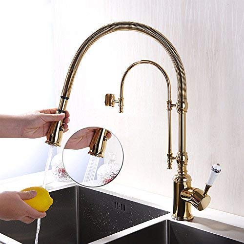 KunMai Single Handle High Arc Swiveling Dual-Mode Pull-Down Sprayer Kitchen Sink Faucet with Porcelain Handle in Polished Gold,Lead-Free Solid Brass Pre Rinse Faucet