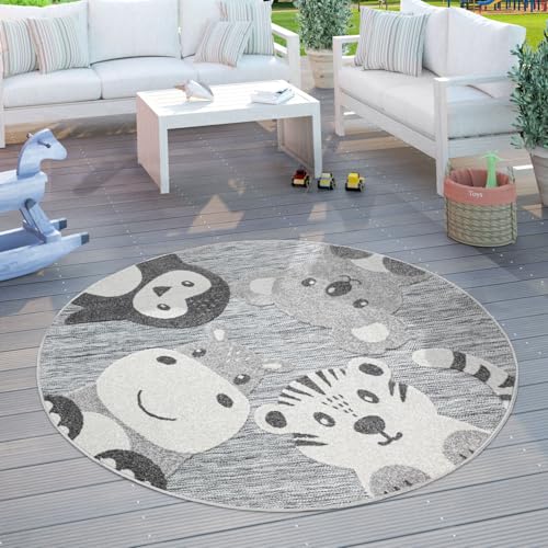 Image of Paco Home Round Kids Rug Cute Zoo Animals Play-Mat with Contour Cut in Mottled Grey, Size: 4' Round