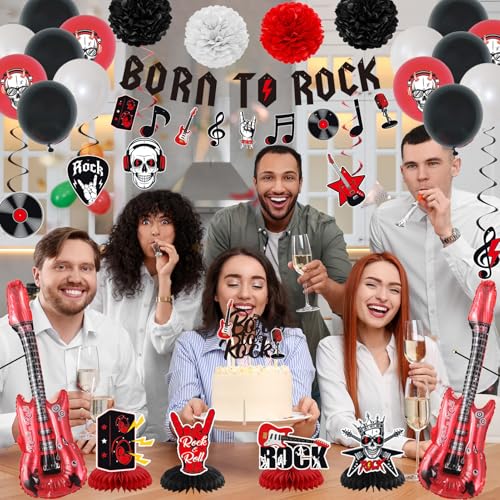 Image of Crenics Rock and Roll Birthday Party Decorations, Happy Birthday Backdrop | Born to Rock Banner, Swirls, Honeycomb, Paper Pom Poms and Balloons for Star Music Rock and Roll Decorations