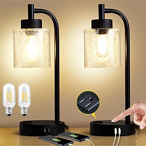 ZEEFO Touch Table Lamps, 3 Way Dimmable Bedside Desk Lamp Built-in Dual USB Charging Ports & 3-Prong AC Outlet, Glass Lampshade Nightstand Lamps Ideal for Bedroom, Living Room(Set of 2)