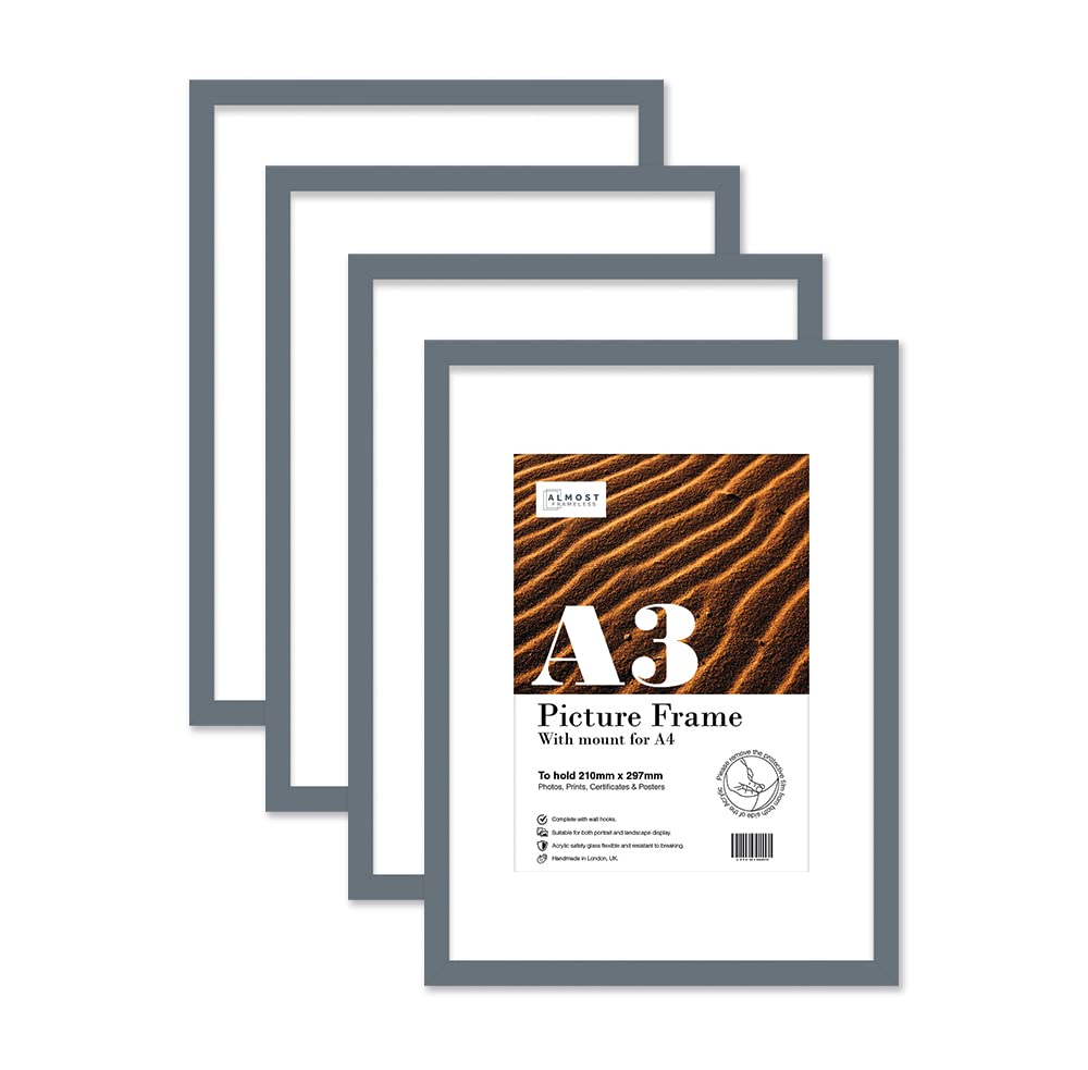 Almost Frameless A3 Grey Picture Frame Set of 4, Display A4 Pictures with Mount or A5 Without Mount Gallery Wall, Poster, Photo, Artwork, or Print, Grey