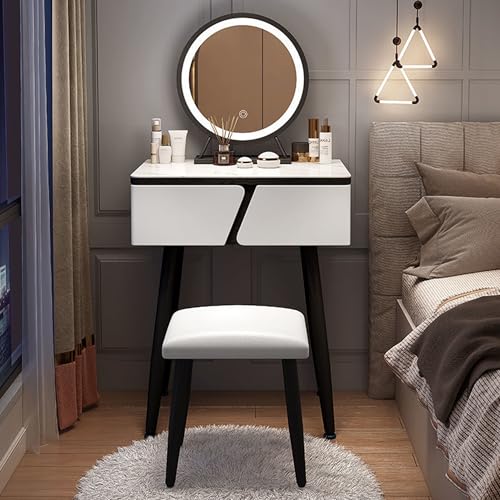 Modern Vanity Desk Set with LED Lights and Mirror for Makeup Solid Wood Dresser with Large Storage Drawers White Vanity Table and Chair for Small Spaces in Bedroom.