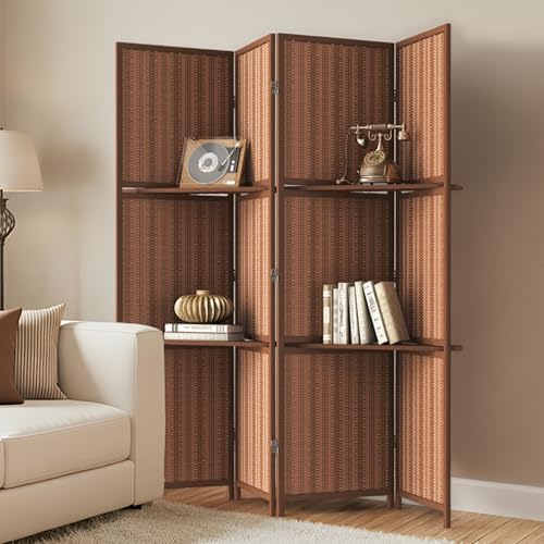 Bamboo Room Divider with Shelves, Natural Privacy Screen with Storage