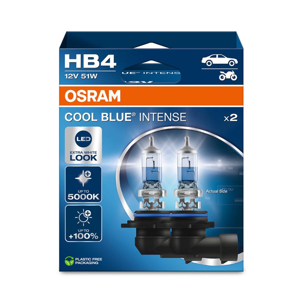 OSRAM COOL BLUE INTENSE HB4, +100% di luminosità in più, fino a 5.000 K, lampada frontale alogena, aspetto LED, scatola pieghevole sospesa (2 lampade)