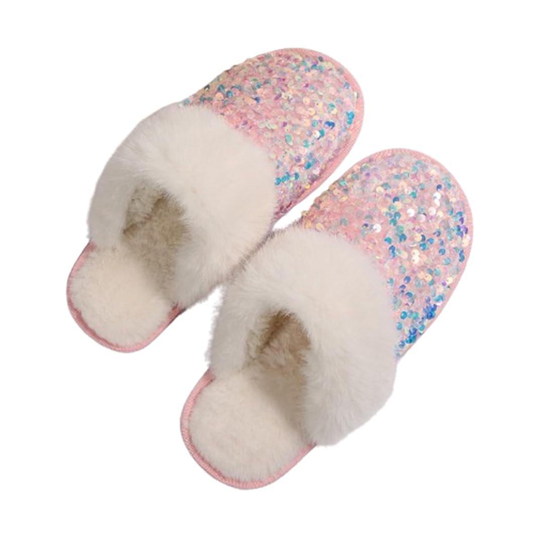 ZNEL Bling Sequin Slippers for Women Fuzzy Slip on Indoor Outdoor Bedroom Furry Fleece Lined Anti-Skid Rubber Hard Sole Home Shoes (40/41 EU, Pink)