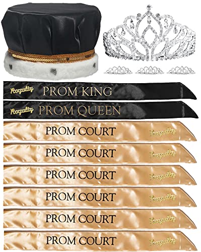 Anderson's 21 Piece Prom Set of Mirabella & Sissy Set, Black Crown, King Queen Royalty Sashes and Pins, Prom Sashes for Prom Court, High School Dance, Party, Costume, Event