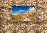 wandmotiv24 Fototapete 3D Leuchtturm mit Holzweg - Steinmauer , XXL 400 x 280 cm - 8 Teile, Wanddeko, Wandbild, Wandtapete, Vlies-Tapeten, 3D-Optik, Wandbruch, Landschaft M0657