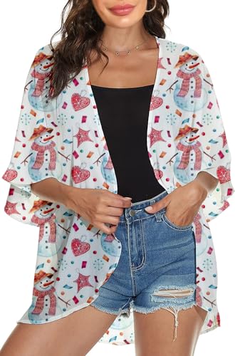 Image of Women Merry Christmas Costume Xmas Tree Kimono Santa Hat Cardigan Snowman Snowflakes Cover Up Ugly Reindeer Blouse Tops