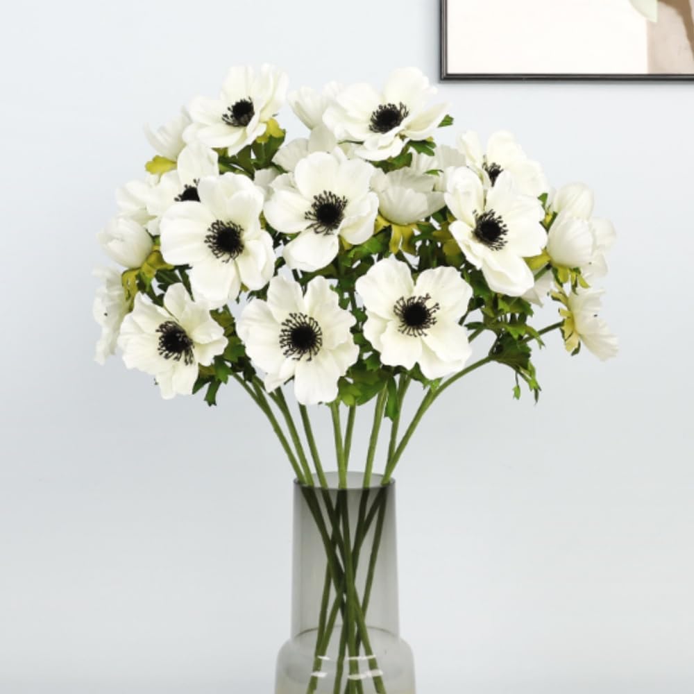 White Artificial Anemone Flowers 21.6" Faux Flowers Silk Flowers with Stems Realistic Fake Flowers for Decoration Faux Anemone Artificial Flowers Bulk fo Home Wedding Bouquet 3pack - Image 5