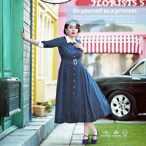 Image of Obtaom Mary Jane Flat Shoes Round Toe Ballet Flats for Women Dressy Fabric Business Flats Comfortable Classic Strap Flats for Office