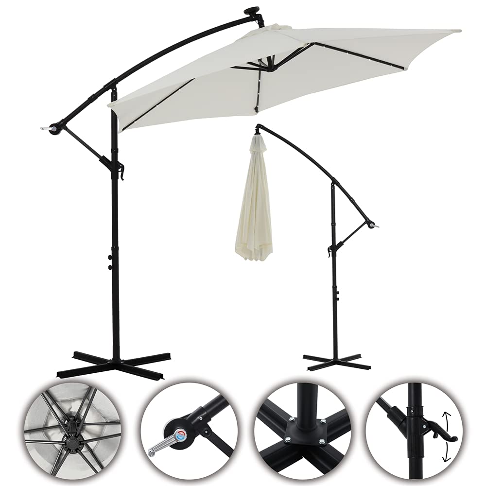 Mucola Ampelschirm Sonnenschirm LED Solar mit Kurbel Ø 350 cm Stahl Beige