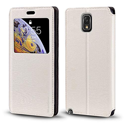 Shantime Viewable Window Leather Flip Case Compatible with Samsung Galaxy Note 3, Elegant Design Clear Display Invisible Magnetic Cover and Card Slot(White)